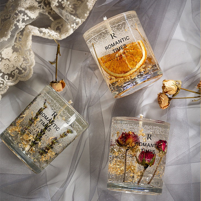 AROMA HOME DECOR लक्ज़री प्राइवेट लेबल 20 डिज़ाइन सेंट खुशबू जेल फ्लावर फ्रूट सोया वैक्स जेली सेंटेड कैंडल ग्लास में