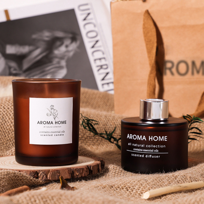 AROMA HOME हॉट-सेल ऑयल फ्रेगरेंस ग्लास जार लक्ज़री ब्राउन रीड डिफ्यूज़र सुगंधित मोमबत्तियाँ उपहार सेट