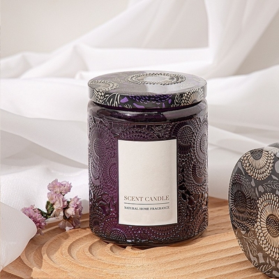 AROMA HOME ऑर्गेनिक यूनीक एम्बॉस्ड ग्लास जार सुगंधित मोमबत्तियां गिफ्ट बॉक्स के साथ